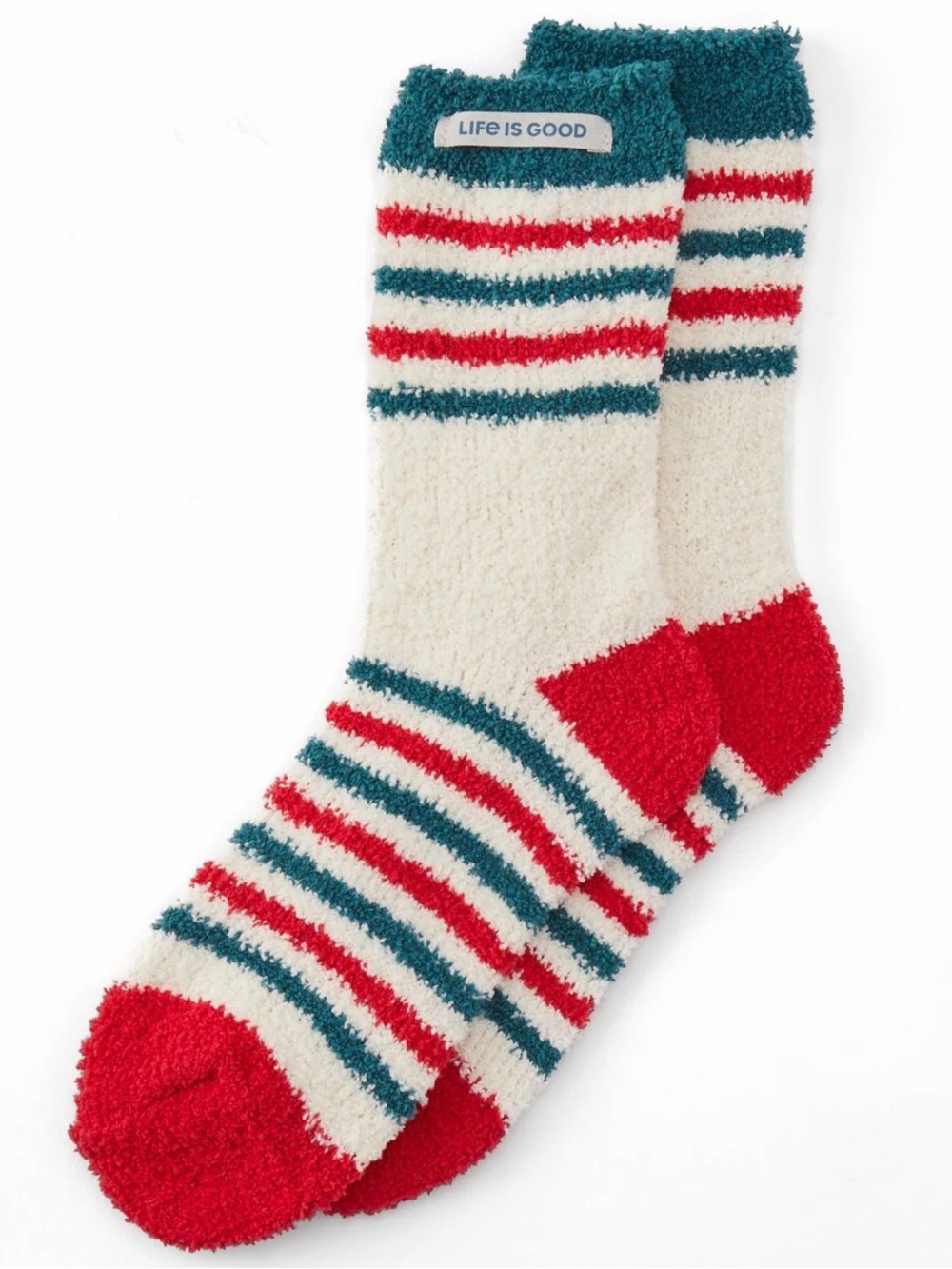Life Is Good Putty White, Red & Green Striped Cozy Snuggle Socks Christmas NWT